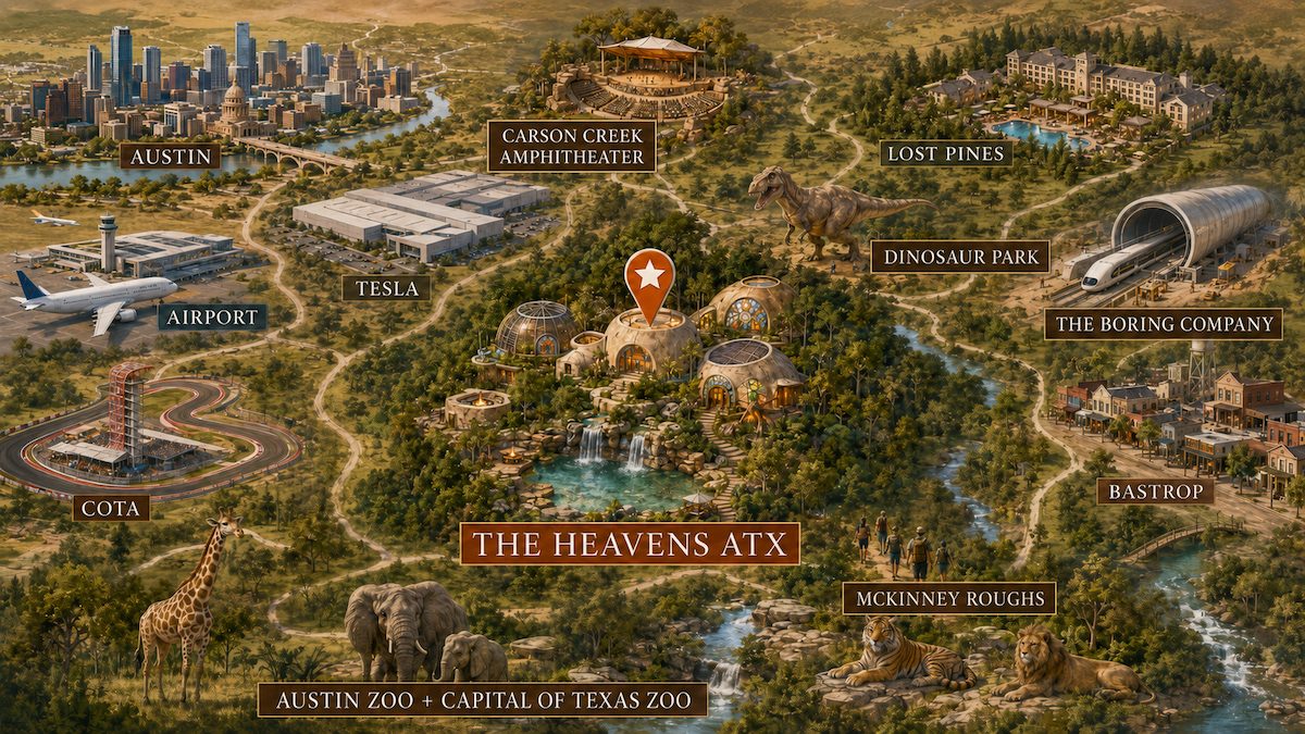 Illustrated map of demand drivers around The Heavens ATX: Austin, the airport, Tesla, COTA, Carson Creek amphitheater, Lost Pines, McKinney Roughs, The Boring Company and area zoos.