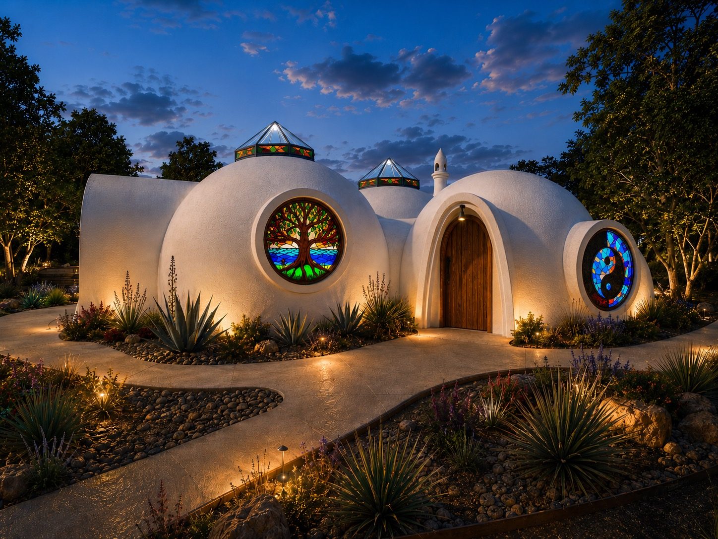 Rendering: domes with stained-glass windows lit at dusk.