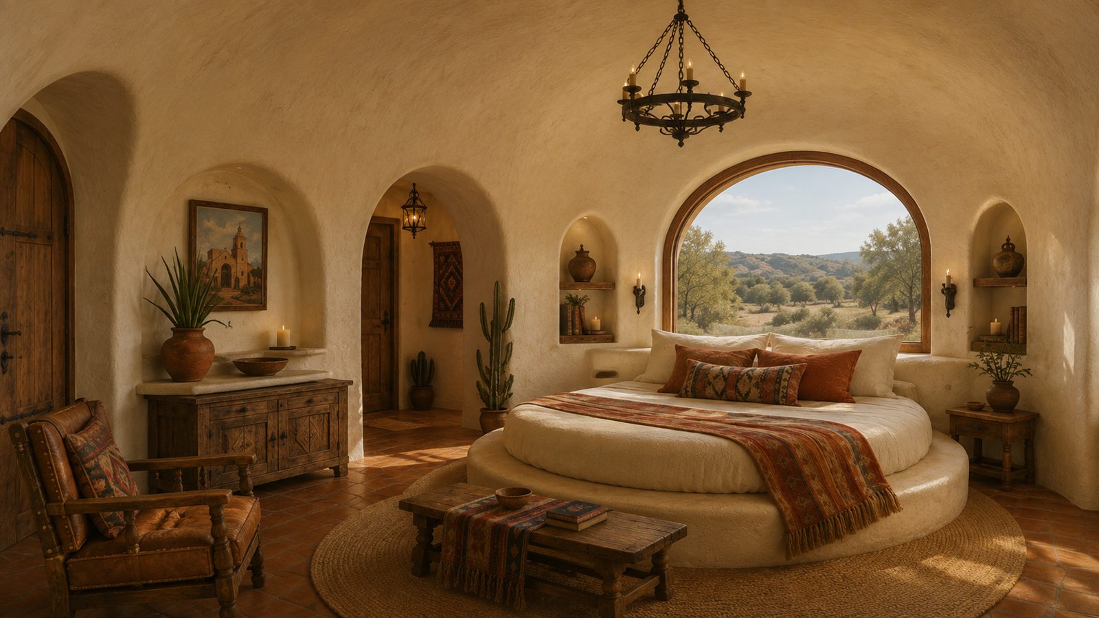 Rendering of a dome interior with a round bed and arched window