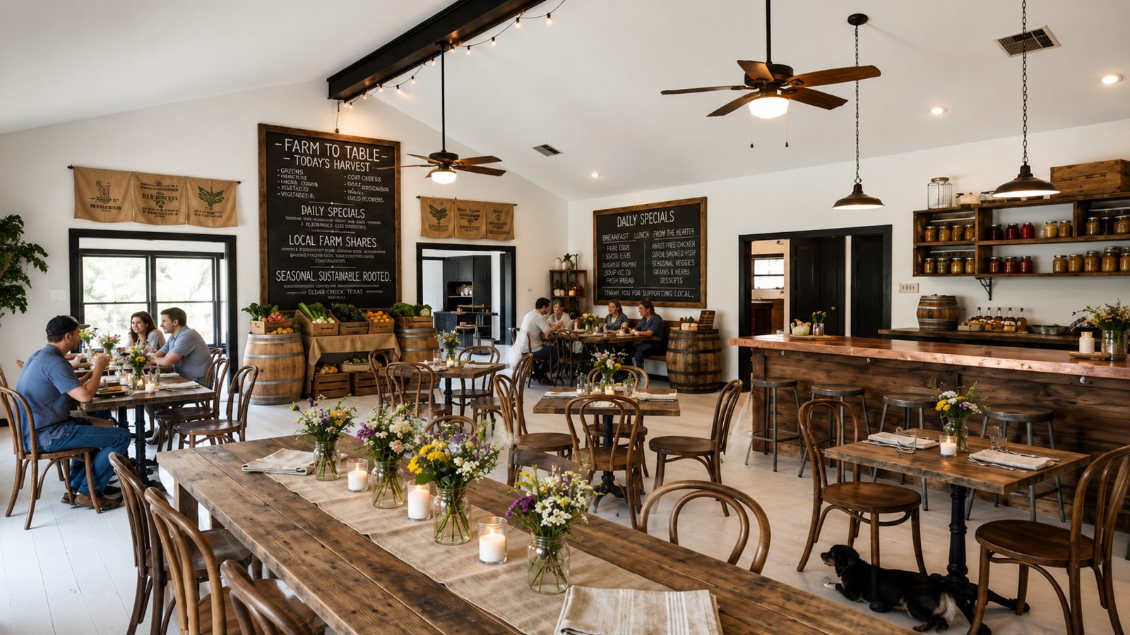 Rendering: interior of the Oeste farm-to-table cafe in the ranch house.