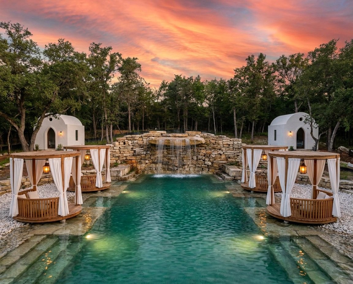 Rendering: the limestone pool and waterfall with cabanas at sunset.